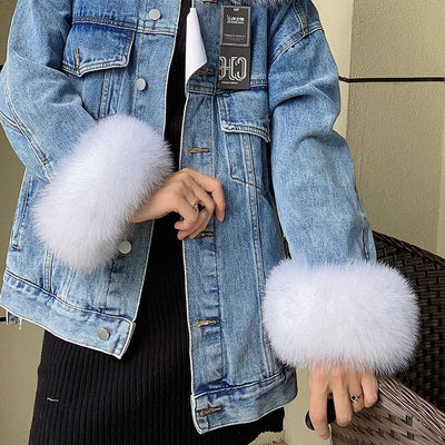 100% Real Fox Fur Cuffs Winter Natural Warm Wristband Ring Women Coat Decorate Fox Fur Sleeve Bracelet Fashion Arm Warmer Gloves - Tiny Treasure Boutik