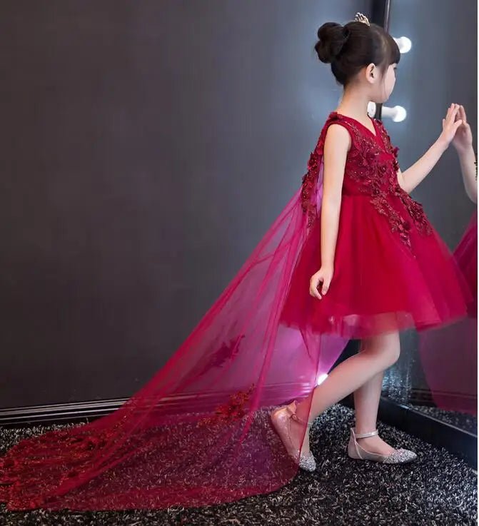 2017 Christmas Baby Girls Party Red Dress Evening Wear Long Tail Girls Clothes Elegant Flower Girl Dress Kids Baby Dresses 1 - 12T - Tiny Treasure Boutik