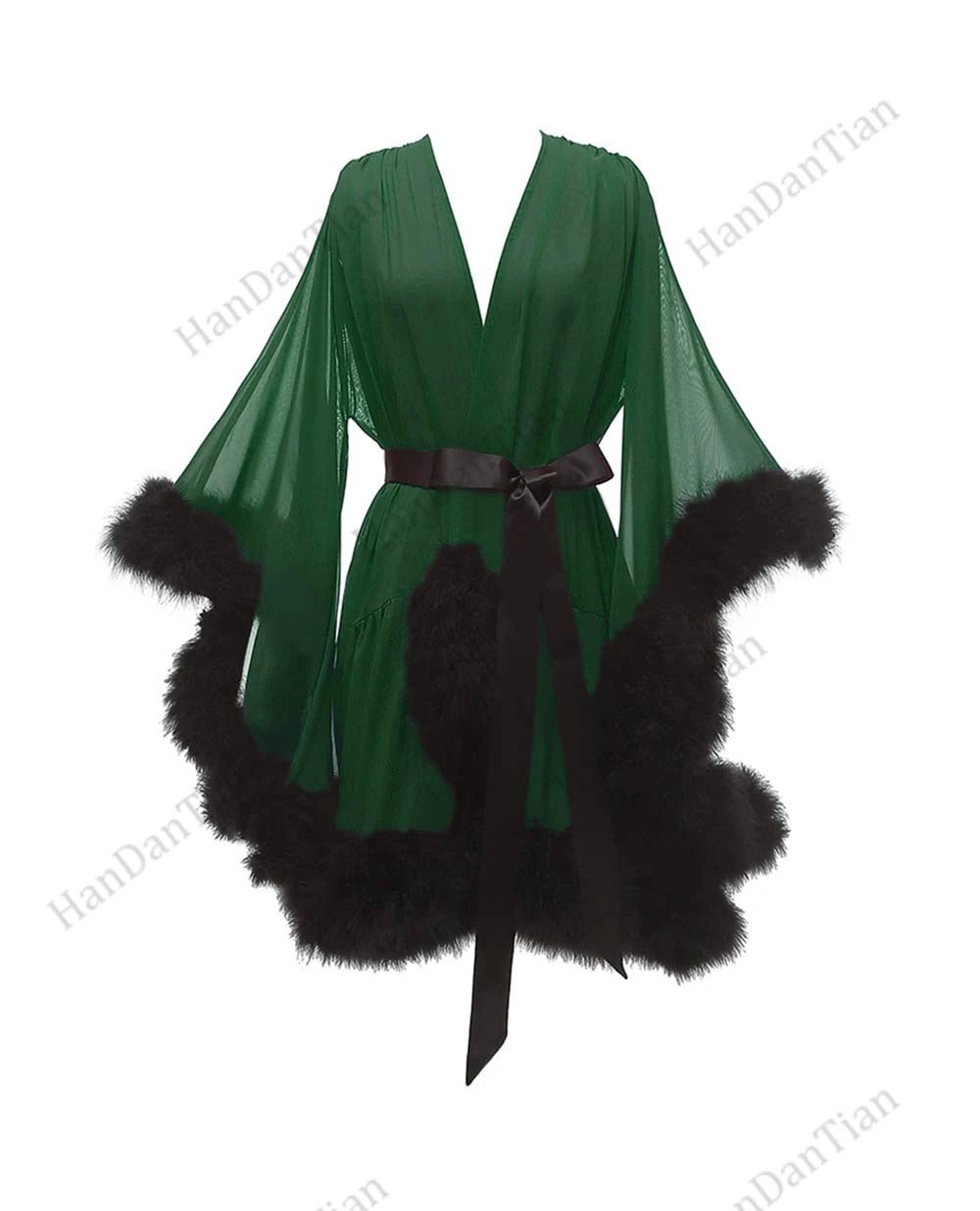 2021 Feather fur bride see - through robe sexy illusion lingerie pajamas bathrobe nightgown - Tiny Treasure Boutik