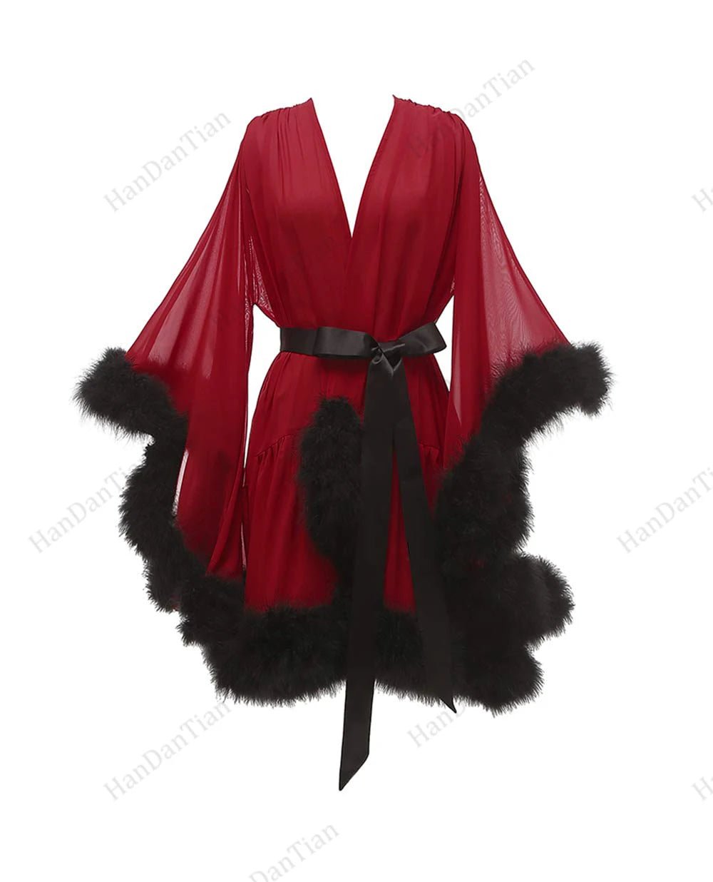 2021 Feather fur bride see - through robe sexy illusion lingerie pajamas bathrobe nightgown - Tiny Treasure Boutik