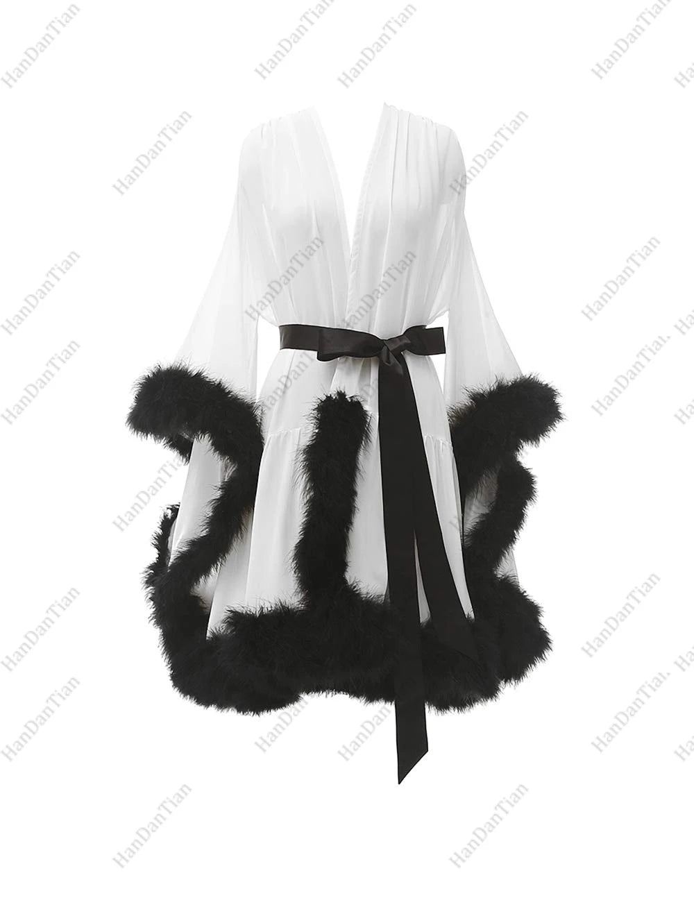 2021 Feather fur bride see - through robe sexy illusion lingerie pajamas bathrobe nightgown - Tiny Treasure Boutik