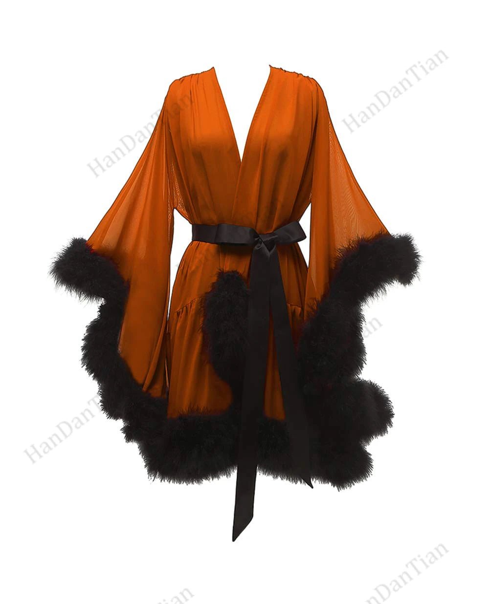 2021 Feather fur bride see - through robe sexy illusion lingerie pajamas bathrobe nightgown - Tiny Treasure Boutik