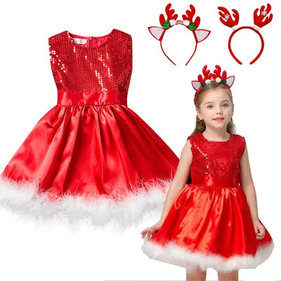 2023 Baby Girls Christmas Dress Kids Santa Claus Red Sleeveless Sequined Tulle Tutu Princess NewYear Xmas Birthday Party Costume - Tiny Treasure Boutik