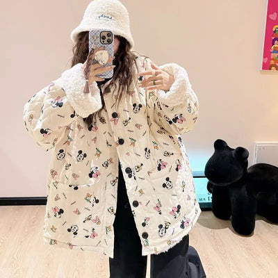 2024 Winter New Reversible Lamb Velvet Jacket Mickey Minnie Floral Printed Kawaii Warm Women Loose Thick Plush Cotton Coat Gifts - Tiny Treasure Boutik