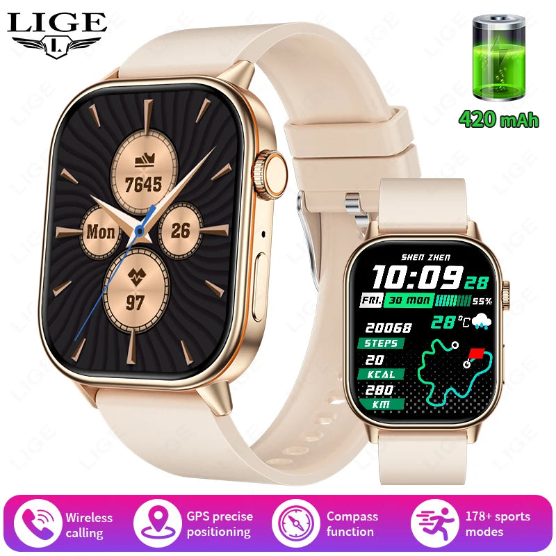 LIGE 2025 For Android IOS GPS Smart Watch Women 2.01" HD Screen Heart Rate Bluetooth Call Compass IP68 Waterproof Men Smartwatch