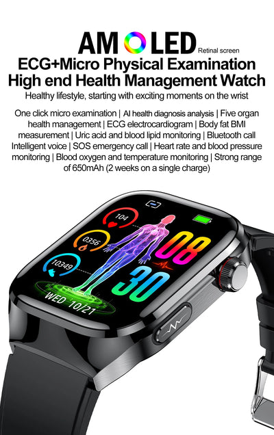 2025 New Micro Physical Examination ECG Smart Watch Men Uric Acid Body Fat Five Organ BP Health Watches HD Call Smart Bracelet
