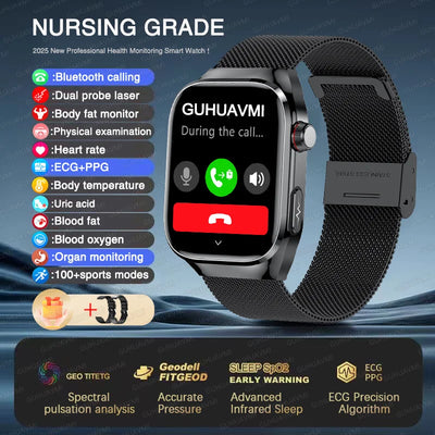 2025 New Micro Physical Examination ECG Smart Watch Men Uric Acid Body Fat Five Organ BP Health Watches HD Call Smart Bracelet