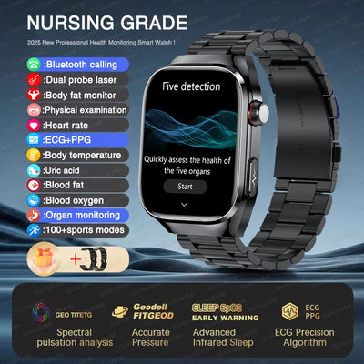2025 New Micro Physical Examination ECG Smart Watch Men Uric Acid Body Fat Five Organ BP Health Watches HD Call Smart Bracelet