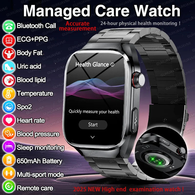 2025 New Micro Physical Examination ECG Smart Watch Men Uric Acid Body Fat Five Organ BP Health Watches HD Call Smart Bracelet