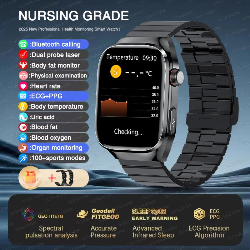 2025 New Micro Physical Examination ECG Smart Watch Men Uric Acid Body Fat Five Organ BP Health Watches HD Call Smart Bracelet