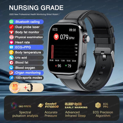 2025 New Micro Physical Examination ECG Smart Watch Men Uric Acid Body Fat Five Organ BP Health Watches HD Call Smart Bracelet