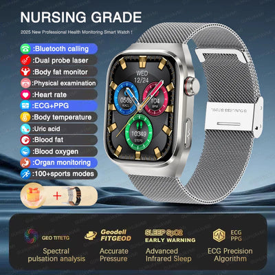 2025 New Micro Physical Examination ECG Smart Watch Men Uric Acid Body Fat Five Organ BP Health Watches HD Call Smart Bracelet