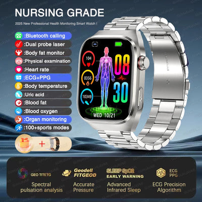 2025 New Micro Physical Examination ECG Smart Watch Men Uric Acid Body Fat Five Organ BP Health Watches HD Call Smart Bracelet