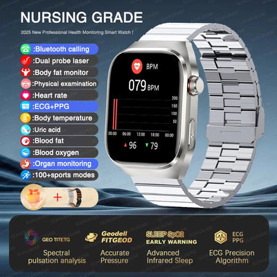 2025 New Micro Physical Examination ECG Smart Watch Men Uric Acid Body Fat Five Organ BP Health Watches HD Call Smart Bracelet