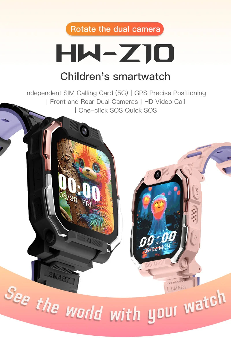 Smartwatch Kids GPS SIM Card 4G 2025 Connected 5G Smart Watch SOS Howear HW Z10 Video Call APP Store Dual Cameras Wifi Bluetooth