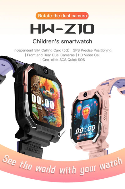 Smartwatch Kids GPS SIM Card 4G 2025 Connected 5G Smart Watch SOS Howear HW Z10 Video Call APP Store Dual Cameras Wifi Bluetooth