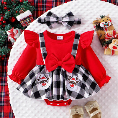 Baby Girl Christmas Clothes Cartoon Deer Santa Plaid Bodysuit Dress For Infants Newborns My First New Year Costume For Babies - Tiny Treasure Boutik