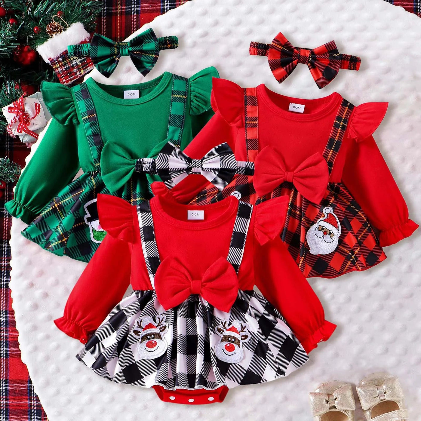 Baby Girl Christmas Clothes Cartoon Deer Santa Plaid Bodysuit Dress For Infants Newborns My First New Year Costume For Babies - Tiny Treasure Boutik