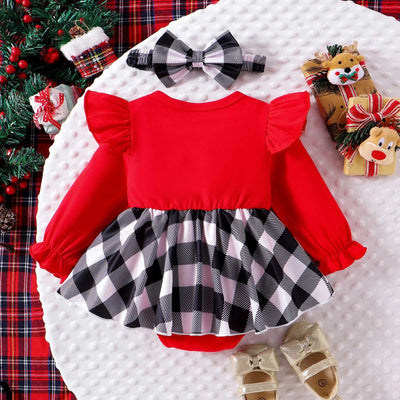 Baby Girl Christmas Clothes Cartoon Deer Santa Plaid Bodysuit Dress For Infants Newborns My First New Year Costume For Babies - Tiny Treasure Boutik