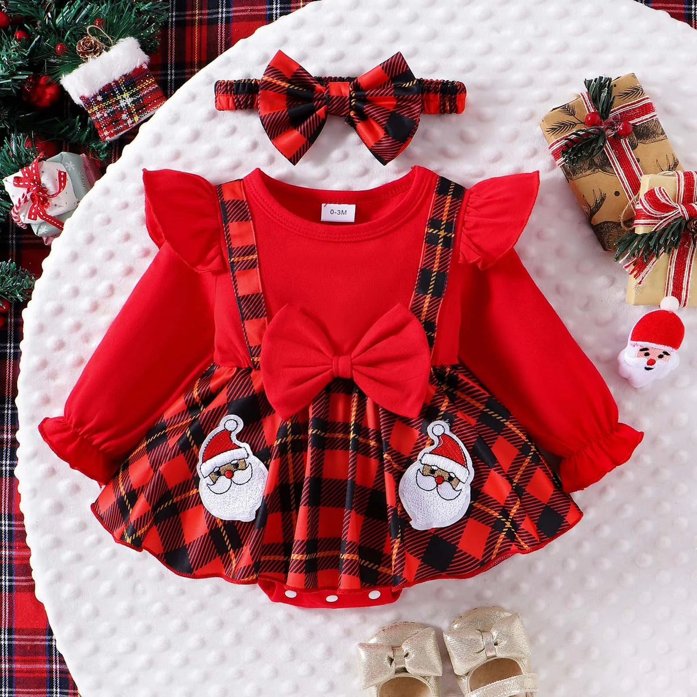 Baby Girl Christmas Clothes Cartoon Deer Santa Plaid Bodysuit Dress For Infants Newborns My First New Year Costume For Babies - Tiny Treasure Boutik