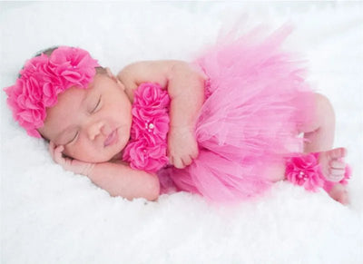 Baby Girls Pink Flower Crochet Tutu Dress Girls Tulle Dress with Hairbow and Foot Rings Set Newborn Birthday Party Costume Dress - Tiny Treasure Boutik