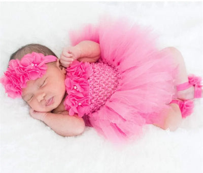 Baby Girls Pink Flower Crochet Tutu Dress Girls Tulle Dress with Hairbow and Foot Rings Set Newborn Birthday Party Costume Dress - Tiny Treasure Boutik