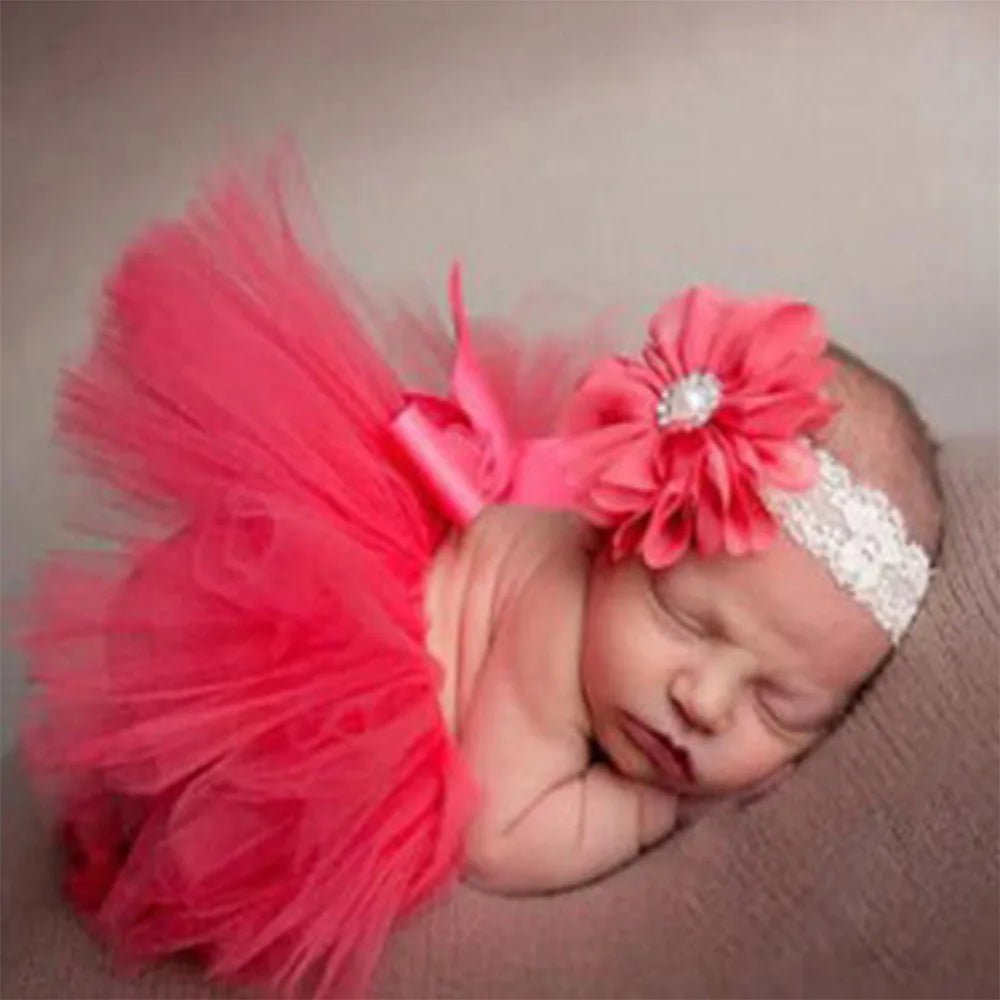 Fluffy Flower Tutu Set Baby Pink Tutu Skirt with Headband Cake Smash Outfit Newborn Photo Props Infant Princess Clothes - Tiny Treasure Boutik