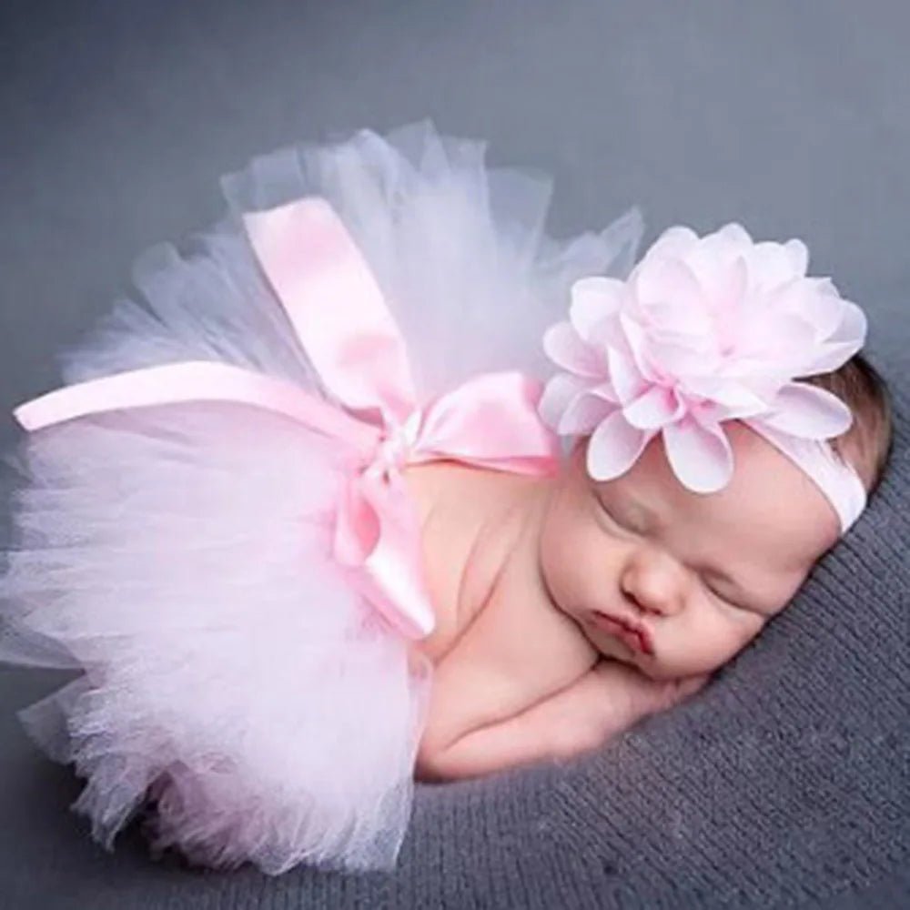 Fluffy Flower Tutu Set Baby Pink Tutu Skirt with Headband Cake Smash Outfit Newborn Photo Props Infant Princess Clothes - Tiny Treasure Boutik