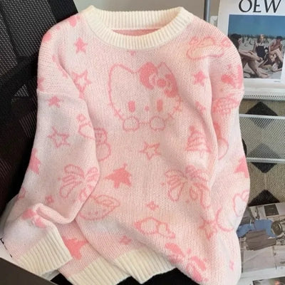 Kawaii Hello Kitty Sweater Student Jacket Autumn and Winter Mid Length Loose Round Neck Knit Cardigan Jacquard Accessories Top - Tiny Treasure Boutik