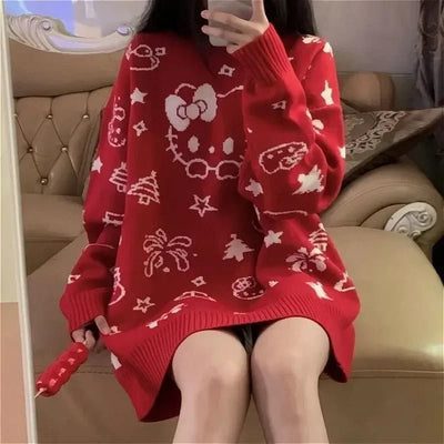 Kawaii Hello Kitty Sweater Student Jacket Autumn and Winter Mid Length Loose Round Neck Knit Cardigan Jacquard Accessories Top - Tiny Treasure Boutik