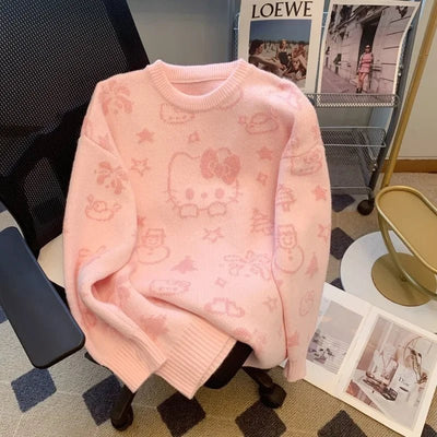 Kawaii Hello Kitty Sweater Student Jacket Autumn and Winter Mid Length Loose Round Neck Knit Cardigan Jacquard Accessories Top - Tiny Treasure Boutik