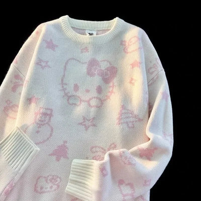 Kawaii Hello Kitty Sweater Student Jacket Autumn and Winter Mid Length Loose Round Neck Knit Cardigan Jacquard Accessories Top - Tiny Treasure Boutik