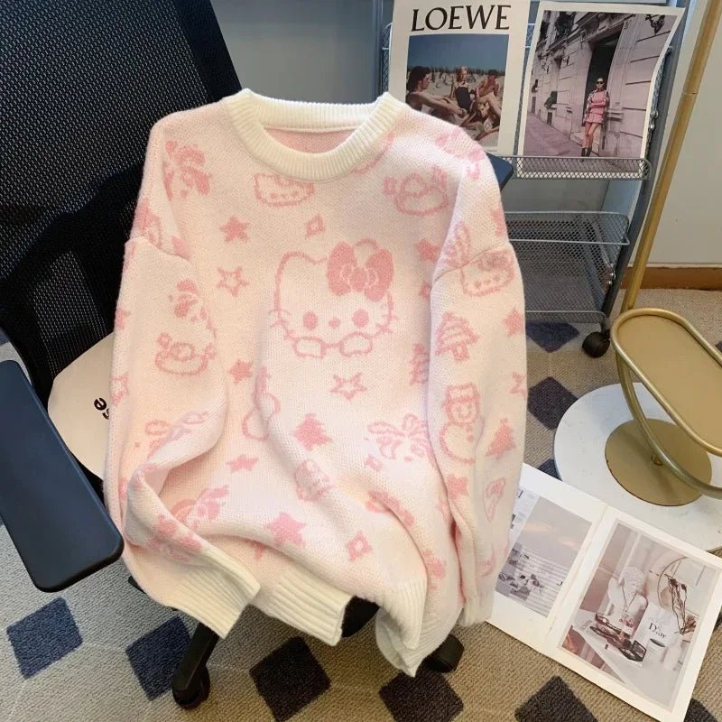 Kawaii Hello Kitty Sweater Student Jacket Autumn and Winter Mid Length Loose Round Neck Knit Cardigan Jacquard Accessories Top - Tiny Treasure Boutik