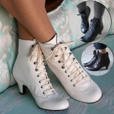 New Fashion Women Low Kitten Heel Ankle Boots Victorian Round Toe PU Leather Shoes Steampunk Lace Up Retro Jeans Boots - Tiny Treasure Boutik