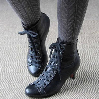 New Fashion Women Low Kitten Heel Ankle Boots Victorian Round Toe PU Leather Shoes Steampunk Lace Up Retro Jeans Boots - Tiny Treasure Boutik