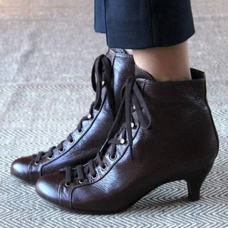 New Fashion Women Low Kitten Heel Ankle Boots Victorian Round Toe PU Leather Shoes Steampunk Lace Up Retro Jeans Boots - Tiny Treasure Boutik