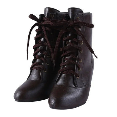 New Fashion Women Low Kitten Heel Ankle Boots Victorian Round Toe PU Leather Shoes Steampunk Lace Up Retro Jeans Boots - Tiny Treasure Boutik