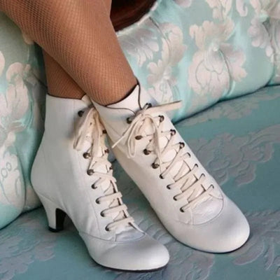 New Fashion Women Low Kitten Heel Ankle Boots Victorian Round Toe PU Leather Shoes Steampunk Lace Up Retro Jeans Boots - Tiny Treasure Boutik