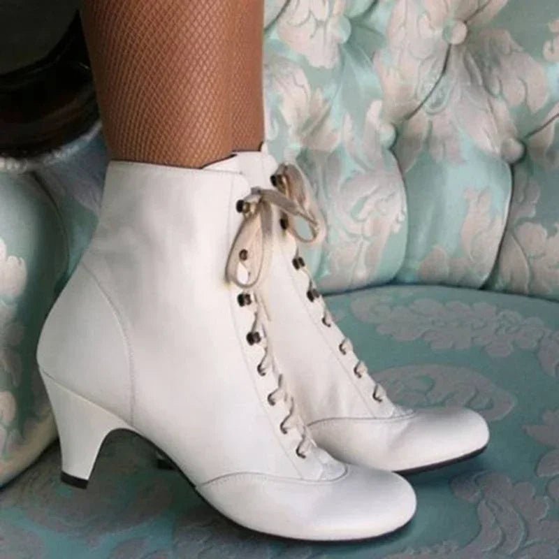 New Fashion Women Low Kitten Heel Ankle Boots Victorian Round Toe PU Leather Shoes Steampunk Lace Up Retro Jeans Boots - Tiny Treasure Boutik