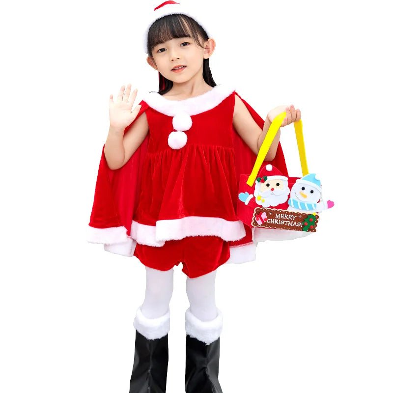 New Year Toddler Baby Girls Christmas Elk Fleece Costume Red Santa Claus Long Sleeve Princess Dresses With Hat & Shawl Xmas - Tiny Treasure Boutik