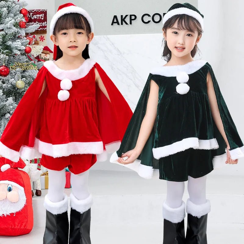 New Year Toddler Baby Girls Christmas Elk Fleece Costume Red Santa Claus Long Sleeve Princess Dresses With Hat & Shawl Xmas - Tiny Treasure Boutik