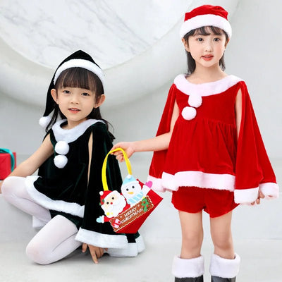 New Year Toddler Baby Girls Christmas Elk Fleece Costume Red Santa Claus Long Sleeve Princess Dresses With Hat & Shawl Xmas - Tiny Treasure Boutik