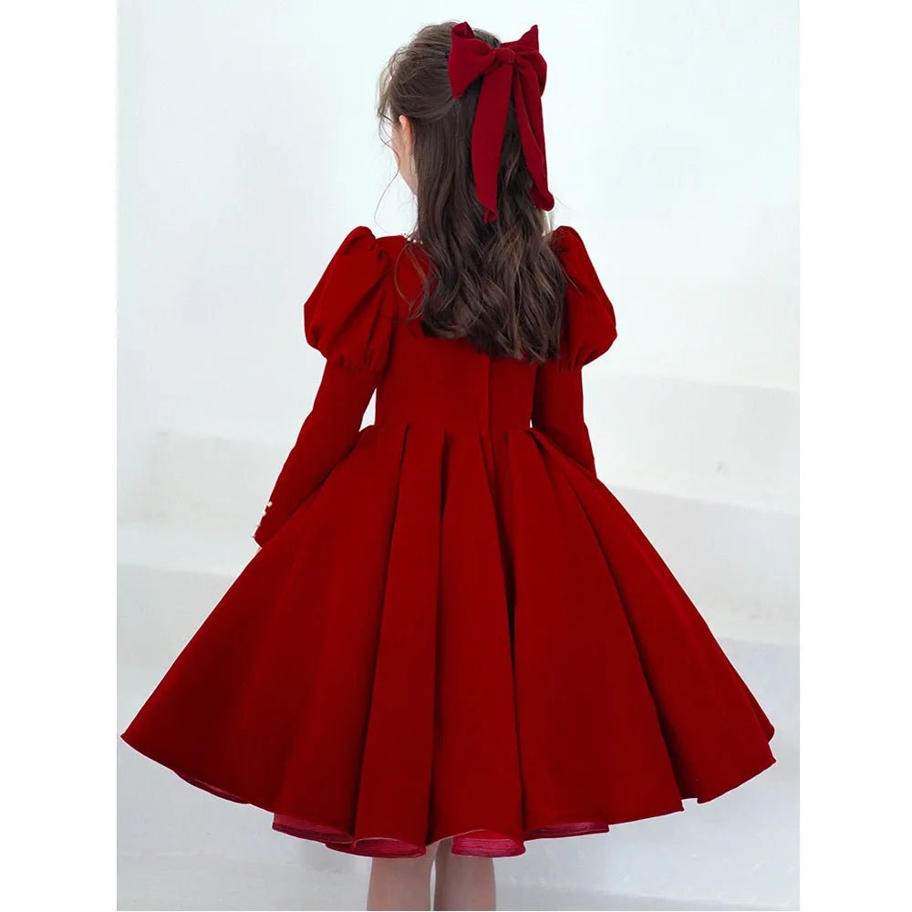 Noble Princess Evening Dress Mesh Solid Red Ball Gown Children Christmas Party Dress Flower Girl Wedding Dress for 2 - 10 Year Kid - Tiny Treasure Boutik