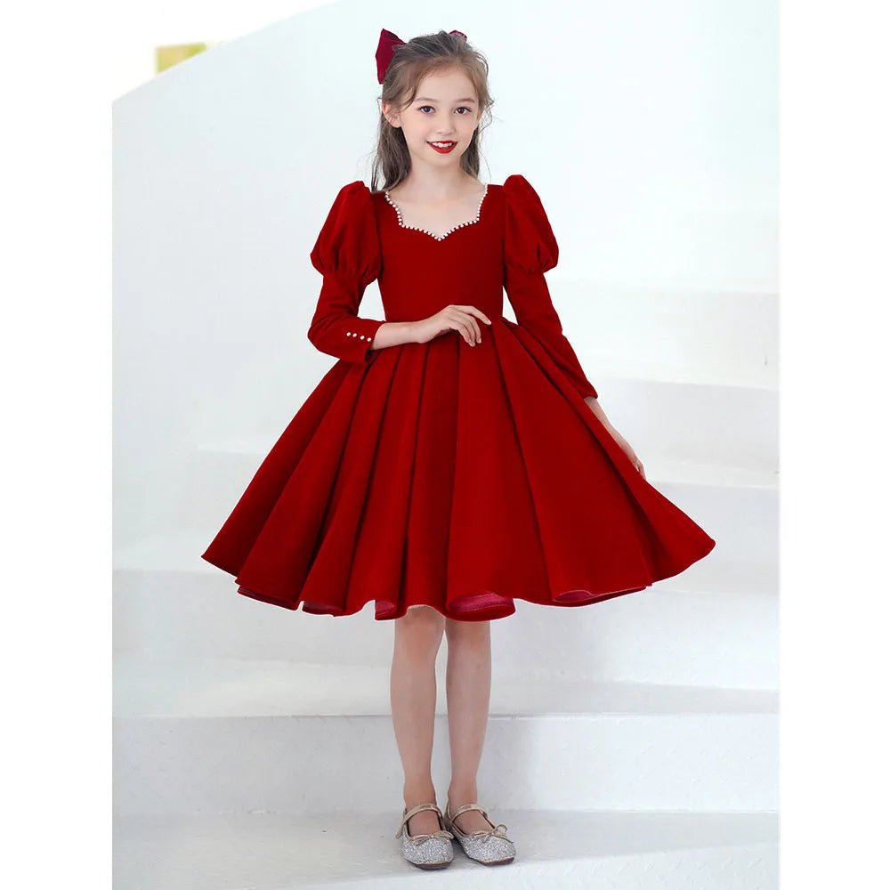 Noble Princess Evening Dress Mesh Solid Red Ball Gown Children Christmas Party Dress Flower Girl Wedding Dress for 2 - 10 Year Kid - Tiny Treasure Boutik