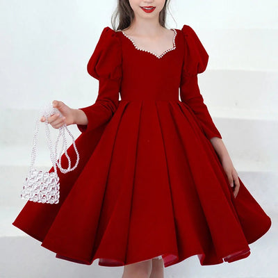 Noble Princess Evening Dress Mesh Solid Red Ball Gown Children Christmas Party Dress Flower Girl Wedding Dress for 2 - 10 Year Kid - Tiny Treasure Boutik