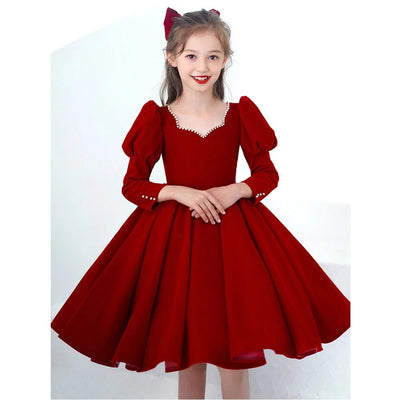 Noble Princess Evening Dress Mesh Solid Red Ball Gown Children Christmas Party Dress Flower Girl Wedding Dress for 2 - 10 Year Kid - Tiny Treasure Boutik