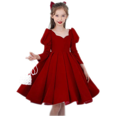 Noble Princess Evening Dress Mesh Solid Red Ball Gown Children Christmas Party Dress Flower Girl Wedding Dress for 2 - 10 Year Kid - Tiny Treasure Boutik