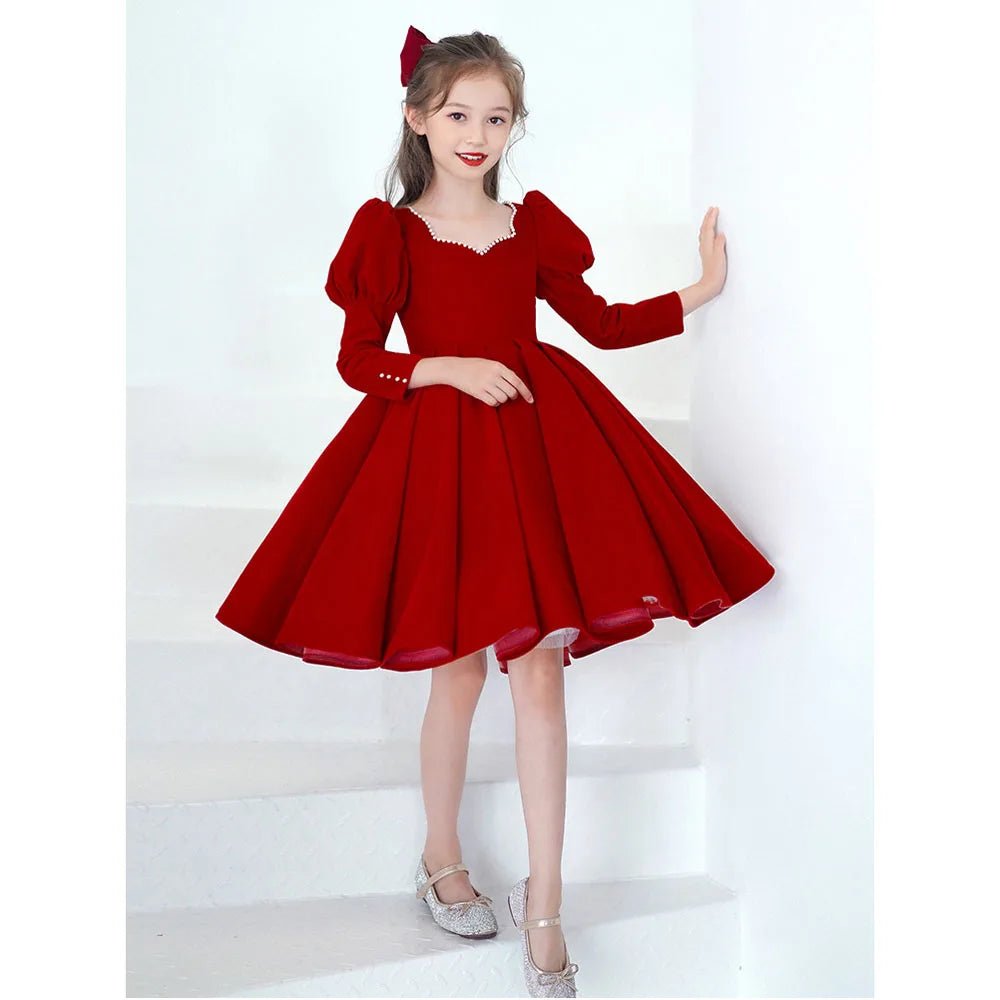 Noble Princess Evening Dress Mesh Solid Red Ball Gown Children Christmas Party Dress Flower Girl Wedding Dress for 2 - 10 Year Kid - Tiny Treasure Boutik