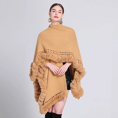 Novelty Fashion Knit Faux Fur Trim Shawl Long Cape Coat Autumn Winter Women Elegant Forked Cloak Wraps Big 2023 New - Tiny Treasure Boutik