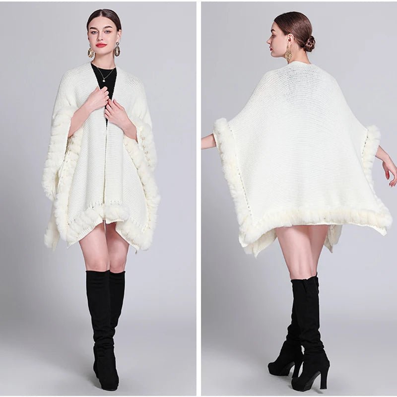 Novelty Fashion Knit Faux Fur Trim Shawl Long Cape Coat Autumn Winter Women Elegant Forked Cloak Wraps Big 2023 New - Tiny Treasure Boutik